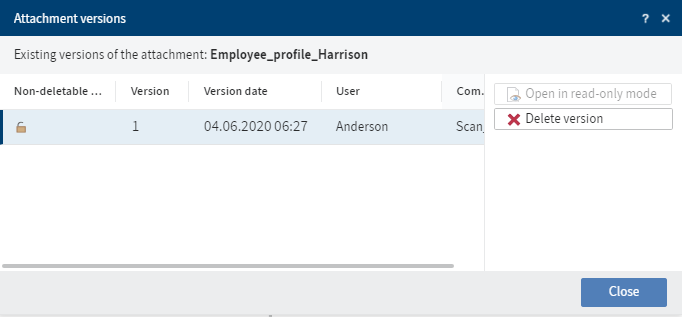 'Attachment versions' dialog box