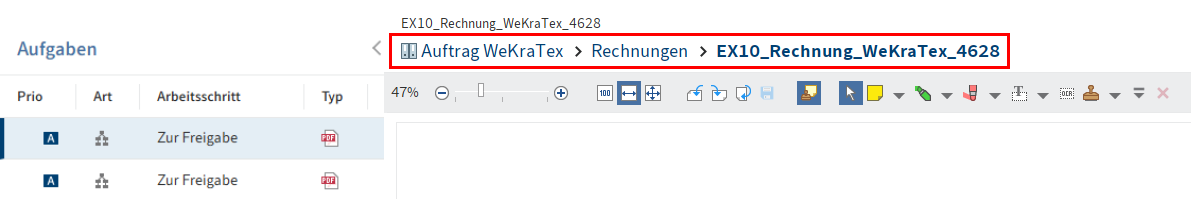 Navigationspfad über der Dokumentenvorschau für eine Aufgabe
