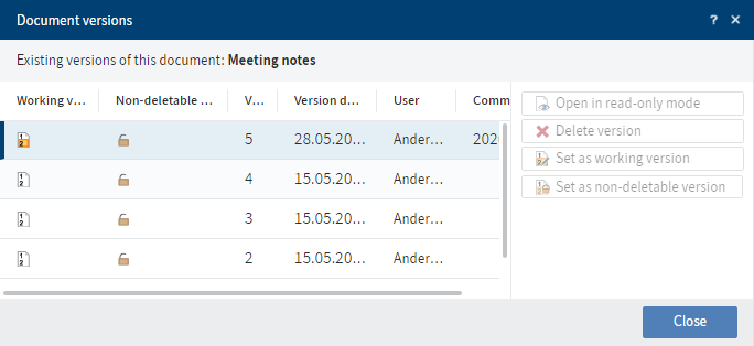 'Document versions' dialog box