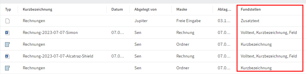Anzeige der Fundstellen im Suchergebnis