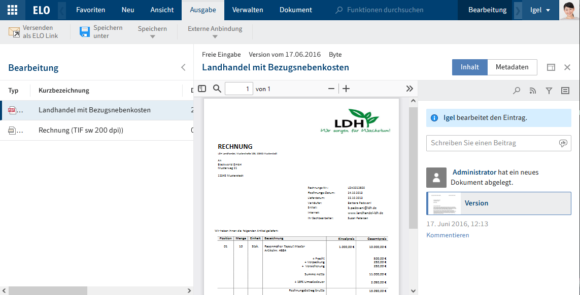 Funktionsbereich 'Bearbeitung'