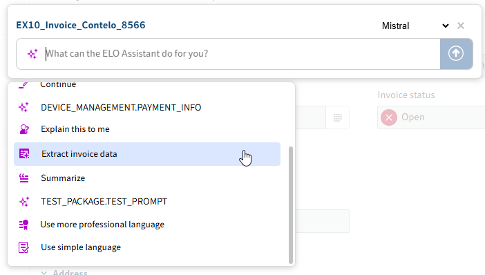 Prompt in the ELO Assistant for metadata extraction: 'Extract invoice data'