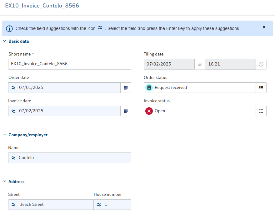 Field suggestions entered in the metadata