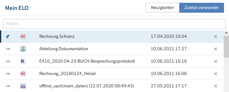 Bereich 'Zuletzt verwendet'