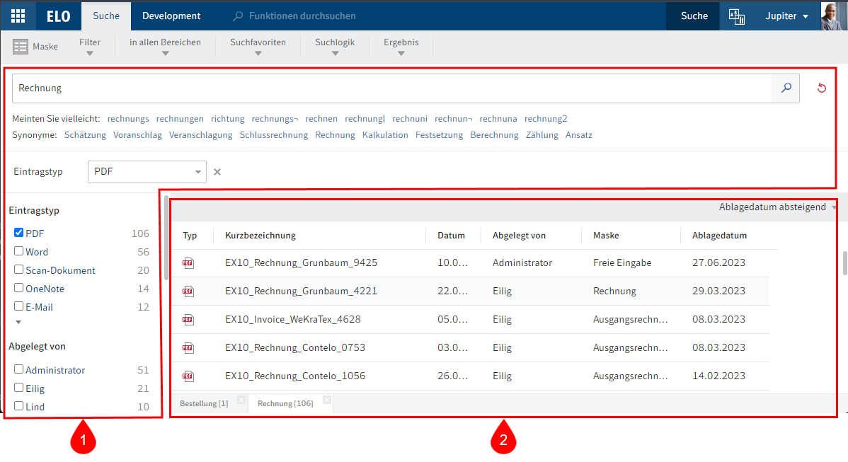 Suchelemente und Ergebnisse