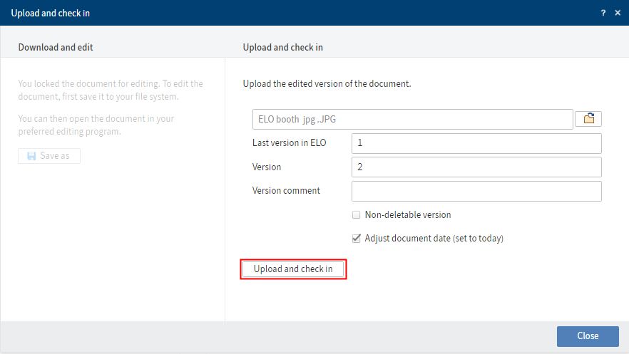 'Upload and check in' dialog box with selected document