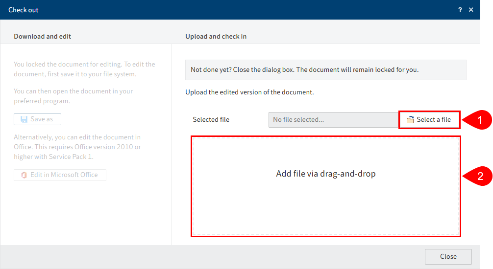 'Upload and check in' dialog box