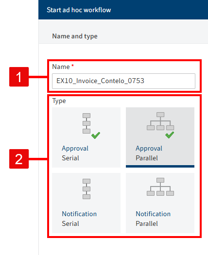 'Start ad hoc workflow' dialog box; 'Name and type' area