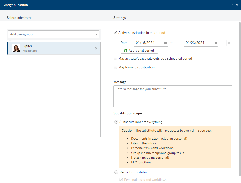 'Assign substitute' dialog box