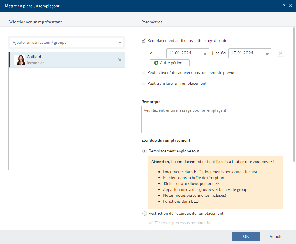 Dialogue 'Mettre en place un remplaçant'