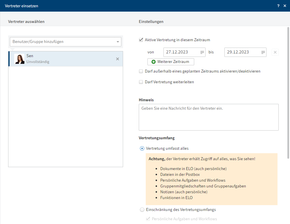 Dialog 'Vertreter einsetzen'