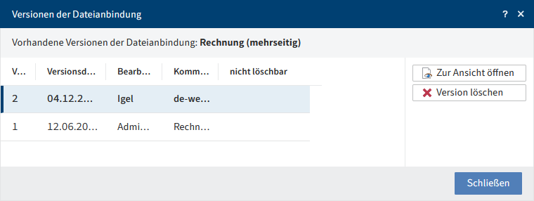 Dialog 'Versionen der Dateianbindung'