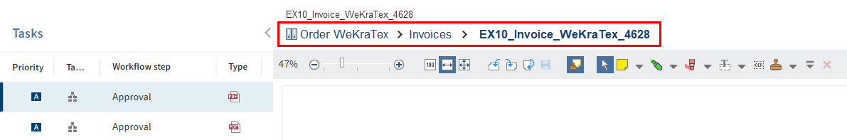 Breadcrumb above the document preview for a task