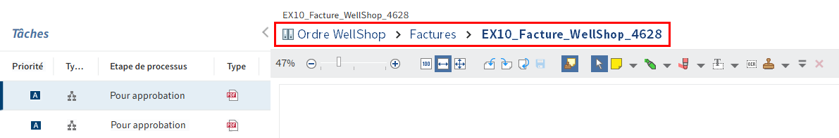 Chemin de navigation au-dessus de l'aperçu de document pour une tâche.