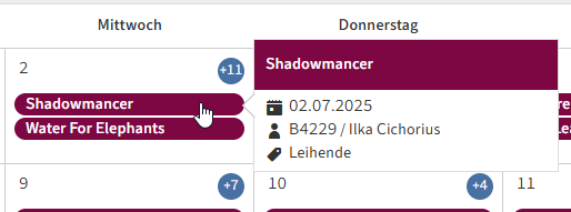 Tooltip zu einem Kalendereintrag mit Angaben zum Datum, Person und der Art des Termins