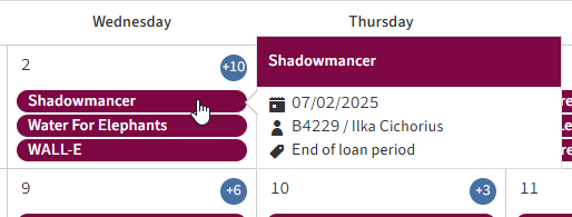 Tooltip for a calendar entry with details about the date, user, and type of appointment