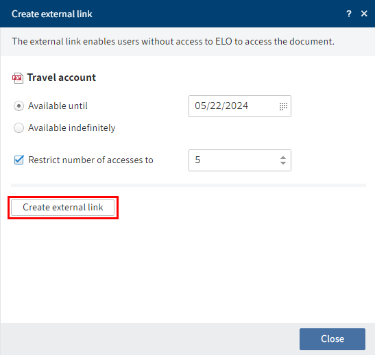'Create external link' dialog box