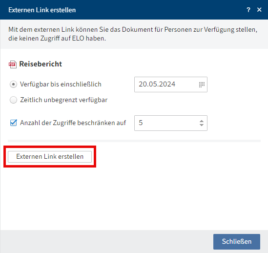 Dialog 'Externen Link erstellen'