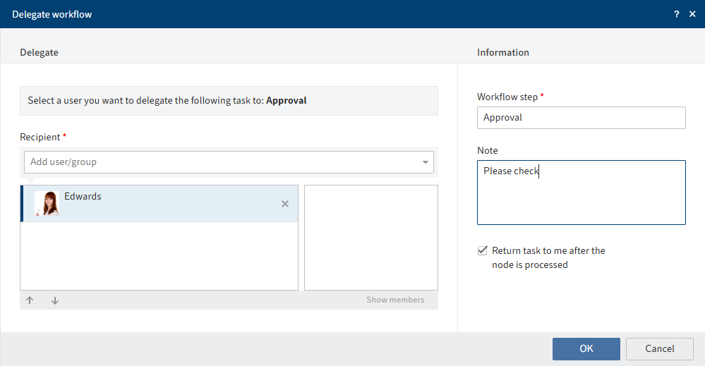 'Delegate workflow' dialog box