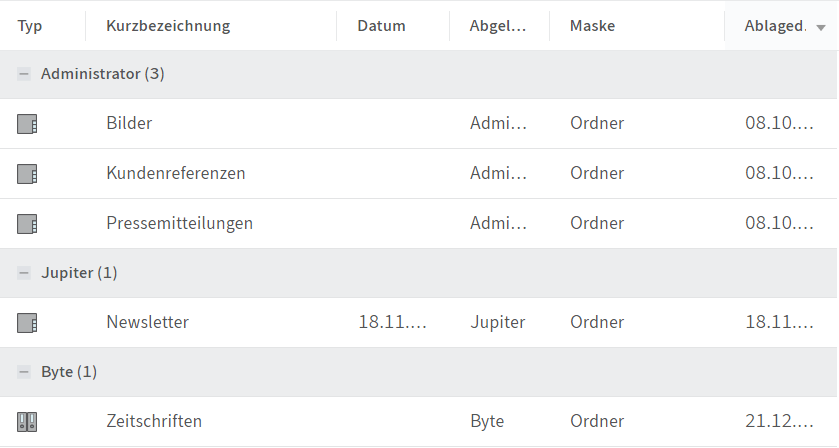 Darstellung der Einträge in Gruppen