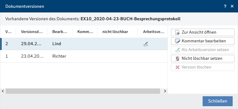 Dialog 'Dokumentversionen'