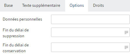 Onglet 'Option'; champs pour les données personnelles
