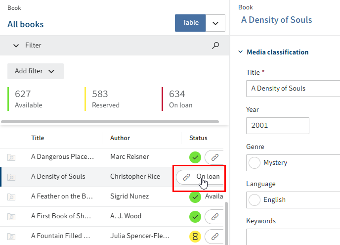 Table; Line with highlighted entry and button with chain icon