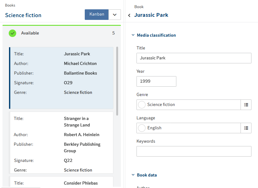 Entry selected in the kanban board