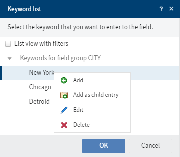 Keyword list context menu