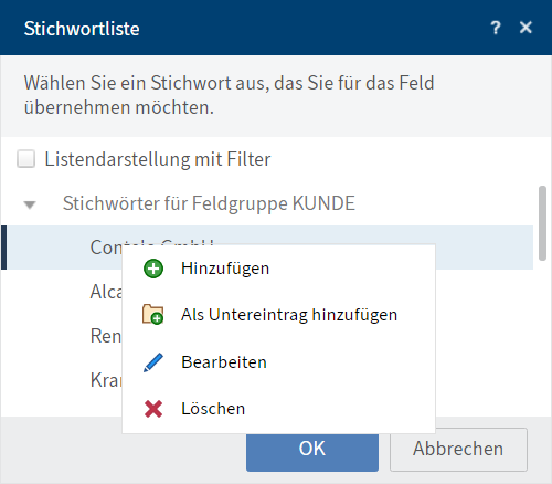 Kontextmenü der Stichwortliste