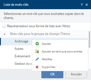Menu contextuel de la liste de mots-clés