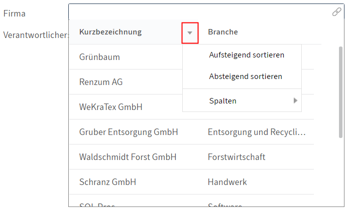 Liste möglicher Verlinkungen