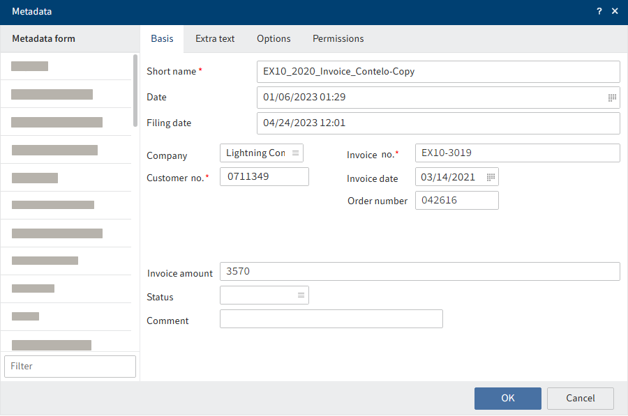 'Metadata' dialog box with gen. 1 metadata form