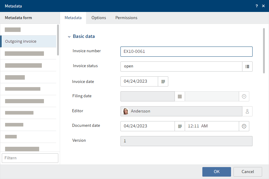 'Metadata' dialog box with gen. 2 metadata form