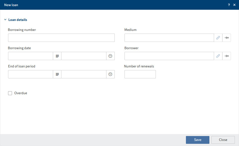 'New loan' dialog box