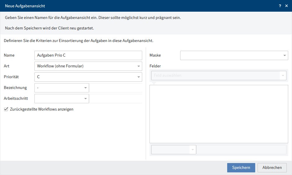 Dialog 'Neue Aufgabenansicht'