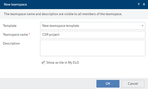 'New teamspace' dialog box