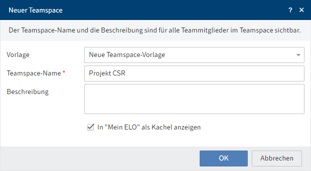 Dialog 'Neuer Teamspace'