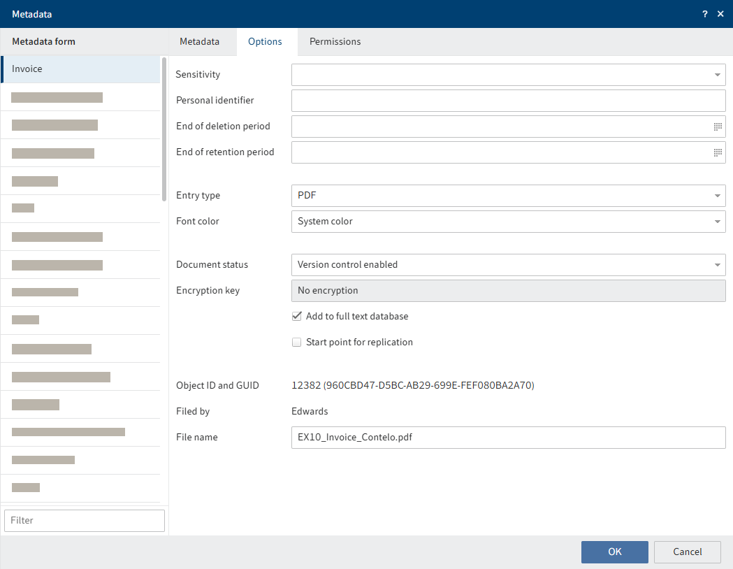 'Options' tab, settings for a document