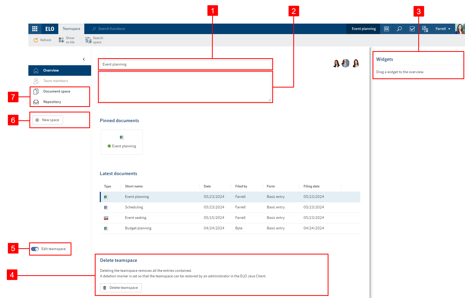 'Edit teamspace' in the 'Overview' area