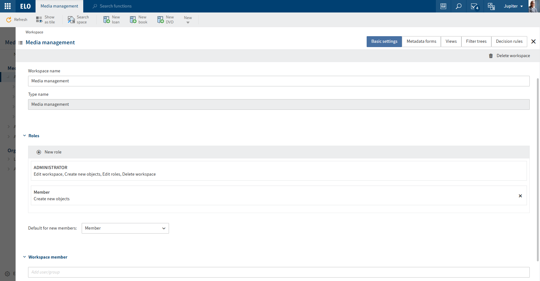 'Edit workspace' overview