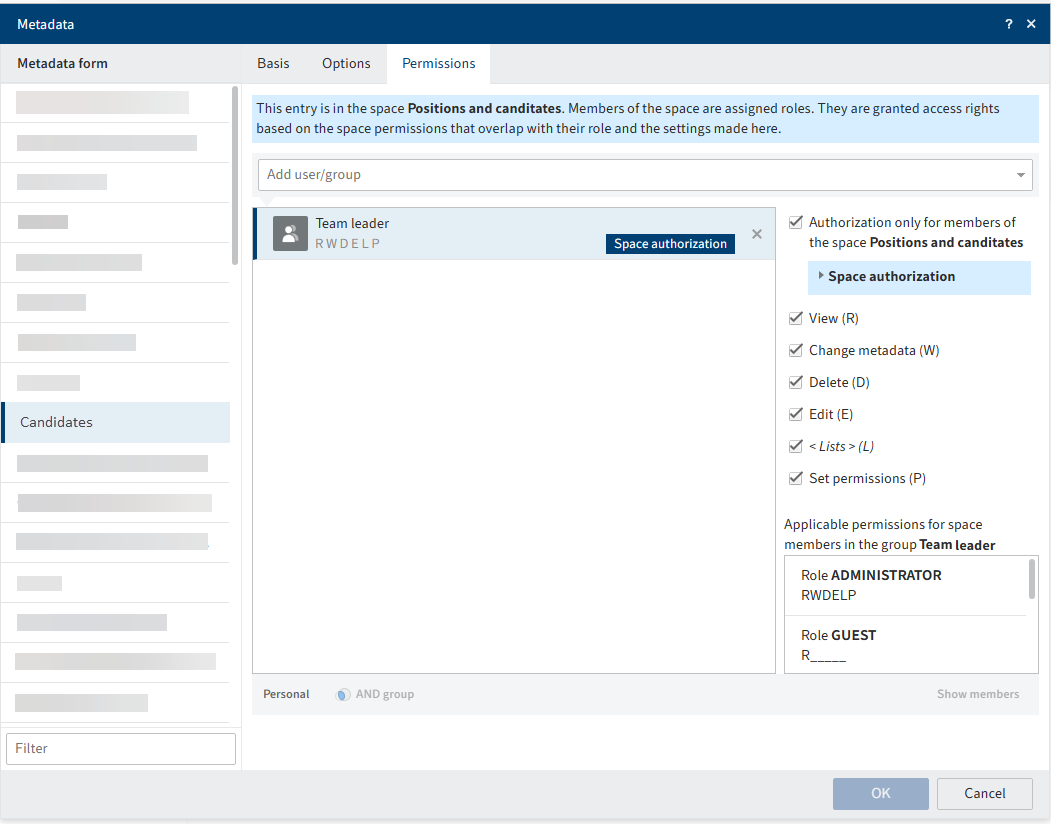 'Permissions' tab with 'Authorization only for members of the space' option