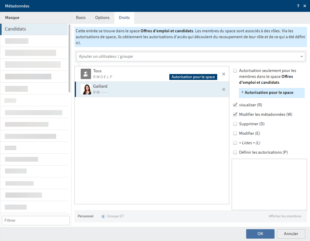 Groupe 'Everyone' avec marquage 'Autorisation pour le space' et un utilisateur sélectionné sans marquage