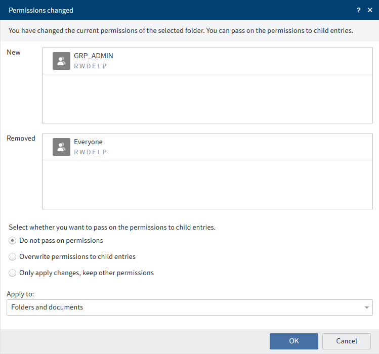 'Permissions changed' dialog box