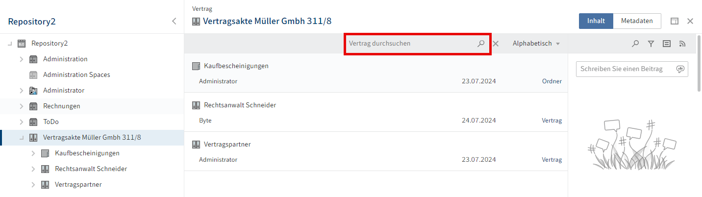 Funktionsbereich 'Ablage'; Ordneransicht des Business-Objekts 'Vertragsakte Müller GmbH 311/8'
