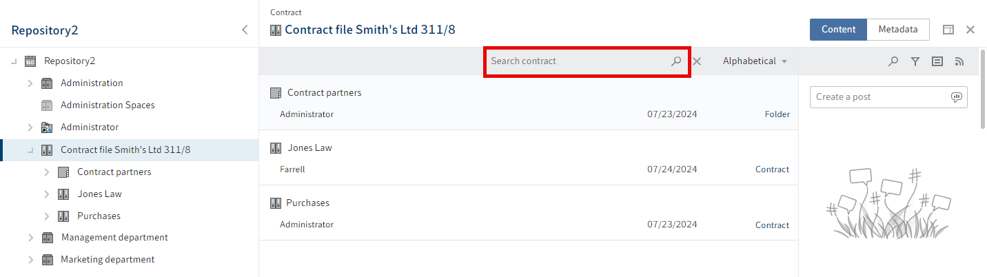 'Repository' work area; folder view of a business object