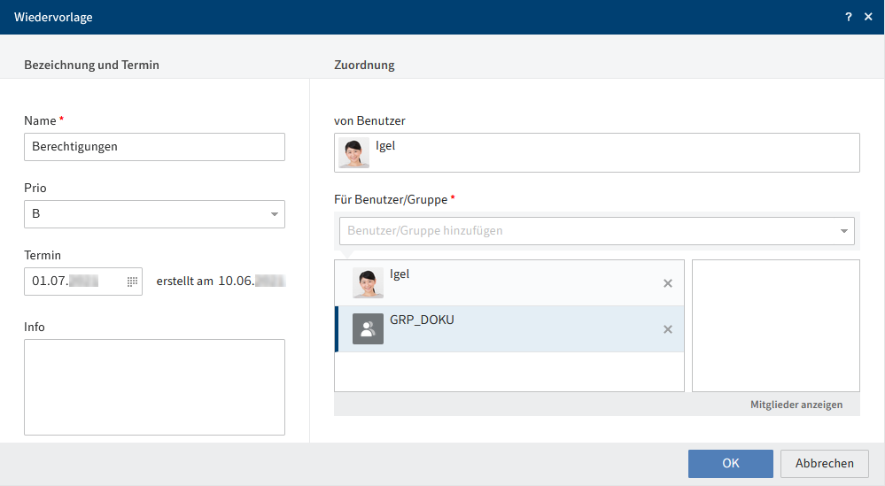 Dialog 'Wiedervorlage'