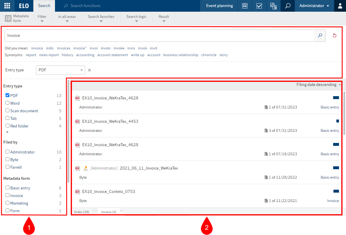 Search elements and results