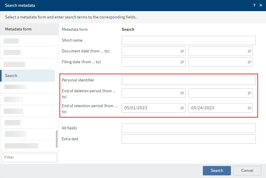 Search entries with personal data