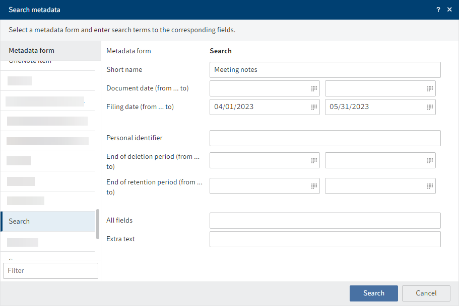 'Search metadata' dialog box